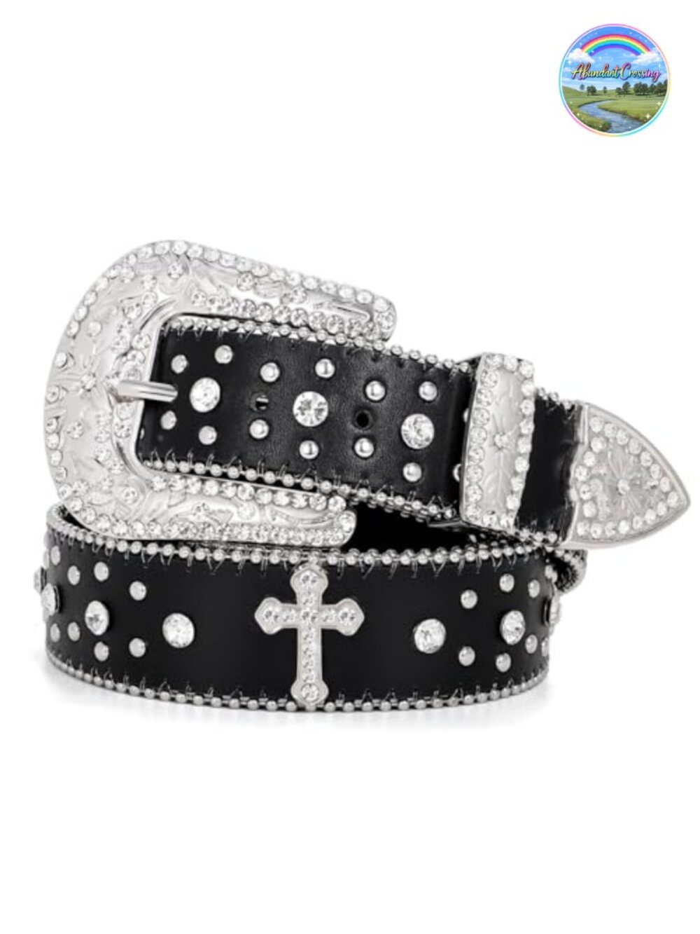 Rhinestone Western Leather Belt Cross Detachable Buckle Cowgirl Bling